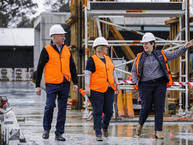 (L to R) Simon Butt, Manteena Chief Executive and Master Builders Australia National President, Denita Wawn, Master Builders Australia Chief Executive and project manager Jemma Butt at a commercial construction site in Canberra. Picture: Sean Davey.