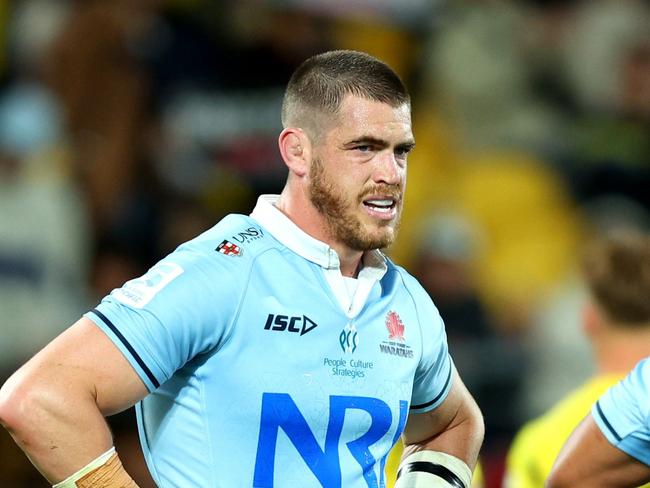 WELLINGTON, NEW ZEALAND - MAY 03: Fergus Lee-Warner of the Waratahs looks on dejected during the round 11 Super Rugby Pacific match between Hurricanes and NSW Waratahs at Sky Stadium, on May 03, 2024, in Wellington, New Zealand. (Photo by Hagen Hopkins/Getty Images)