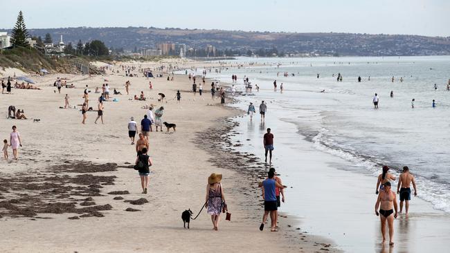 Crowds at Henley Beach on Wednesday night. From midnight, no beach visits will be allowed. Picture: Kelly Barnes/Getty Images