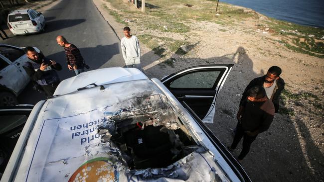 One of the World Central Kitchen vehicles struck by a drone-fired missile in Gaza, killing seven aid workers. Picture: Majdi Fathi / NurPhoto