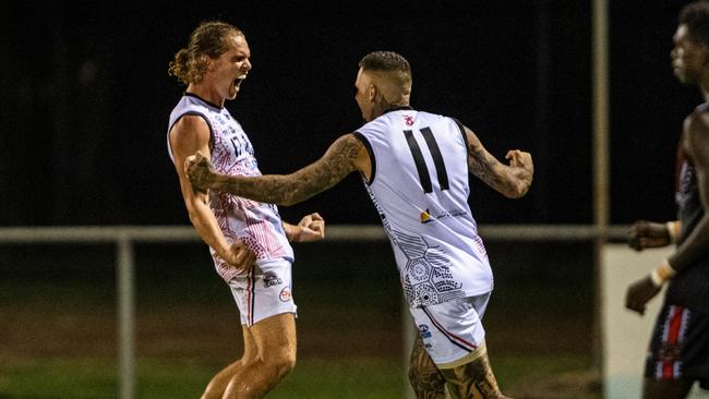 Jed Anderson celebrates a goal for Southern Districts against the Tiwi Bombers in Round 3 of the 2024-25 NTFL season. Picture: Pema Tamang Pakhrin