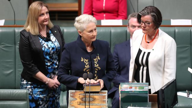 Kerryn Phelps flanked by Rebekha Sharkie and Cathy McGowan during her swearing in. Picture: Kym Smith