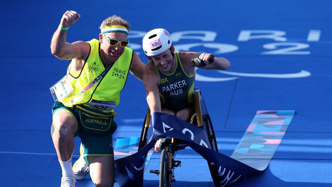 Australia’s Lauren Parker celebrates gold in the Triathlon on day five of the Paris 2024 Summer Paralympic Games. Picture: Getty