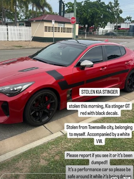 Townsville star sprinter Jake Doran had his red 2018 Kia Stinger sedan stolen by youths during a break-in at Townsville City on May 8, 2025. Picture: Instagram/Jake Doran