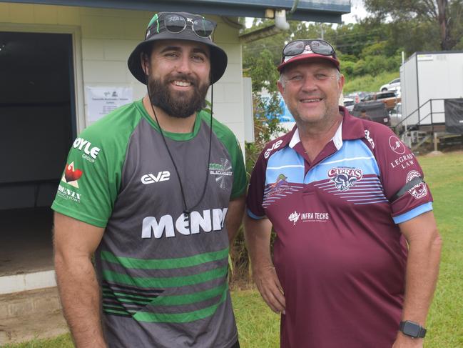 Townsville Blackhawks under-17 boys coach Nathan Norford with CQ Capras under-17 manager Mick Busby at the CQ Capras under-17s Round 1 games against the Townsville Blackhawks at Webb Park, Yeppoon, on February 15, 2025.