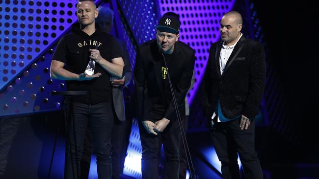 Hilltop Hoods accept the ARIA Award for Best Australian Live Act. Picture: Ryan Pierse/Getty