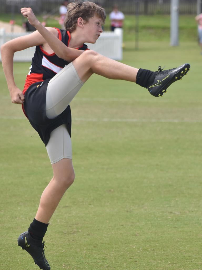 Chayse Hollows in the North Mackay Saints v Mackay Swarks u14 AFL grand final at Magpies Sporting Club, Mackay, September 11, 2021. Picture: Matthew Forrest