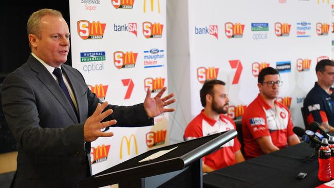 South Australian National Football League (SANFL) CEO Jake Parkinson speaks to the media at Adelaide Oval in Adelaide, Tuesday, September 18, 2018. The SANFL Tribunal ruling has upheld the result of Sunday's SANFL Preliminary Final between Woodville West Torrens Football Club and North Adelaide Football Club and imposed a fine of $10,000 against North Adelaide for fielding 19 players in the final quarter. (AAP Image/David Mariuz) NO ARCHIVING