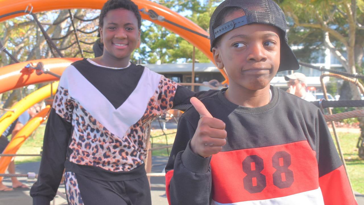 Victor, 8 and Grace Mumba, 10, from Rockhampton at the Yeppoon Foreshore playground.