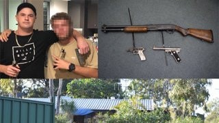 TOP LEFT: Daryl David Hall posted this photo on Facebook, in which he is pictured holding a gun which was allegedly seized as part of the search. TOP RIGHT: Weapons seized. BOTTOM: Police located drugs and other unlawful items in this house in Booral.