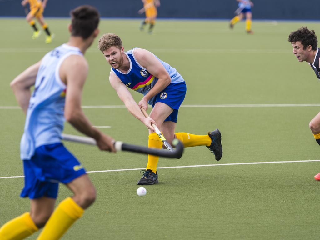 Corey Guse of Toowoomba 1 against Sunshine Coast in Hockey Queensland Championships at Clyde Park, Sunday, May 2, 2021. Picture: Kevin Farmer