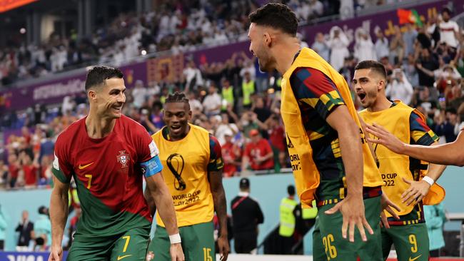 Cristiano Ronaldo celebrates scoring a penalty for Portugal in Doha. Picture: Getty Images.