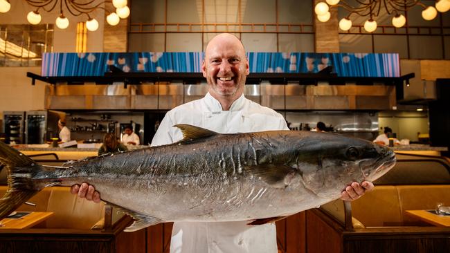 Executive Chef Tony Carroll with a wild Kingfish at Fishbank, the restaurant on October 12, 2020 in Adelaide. Picture Matt Turner