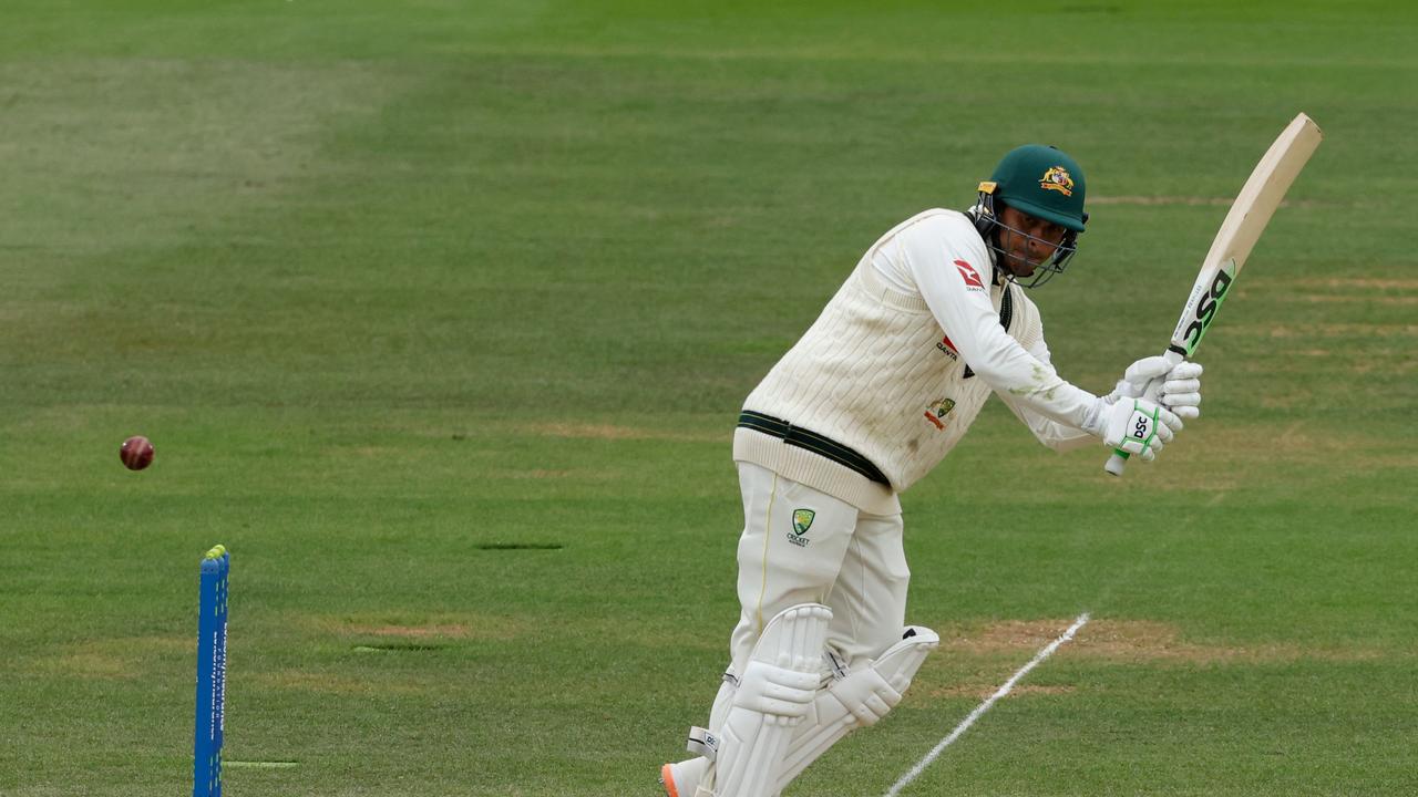 Australia's Usman Khawaja did well to survive until lunch unscathed. Picture: AFP