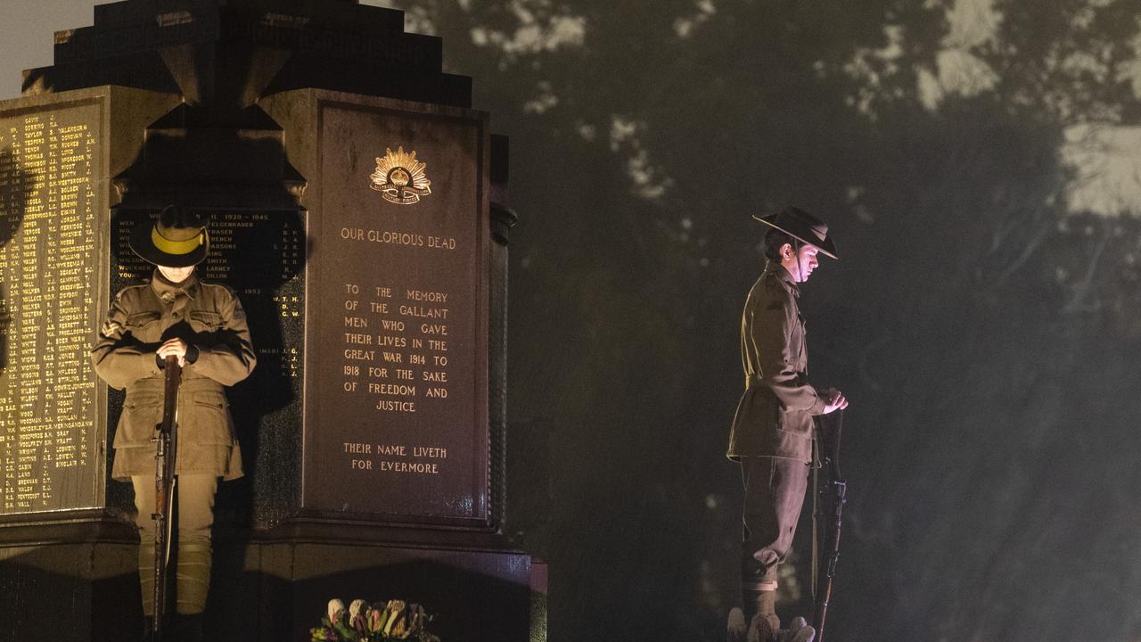 The vigil is held by students of the Toowoomba Grammar School Honour Guard at the Mothers' Memorial for the Anzac Day Toowoomba Dawn Service, Tuesday, April 25, 2023. Picture: Kevin Farmer