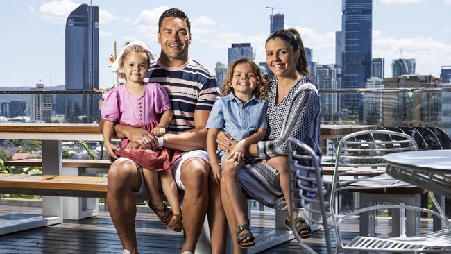 Broncos captain Alex Glenn with his partner Jemma-Lee Morgan and their kids Miller and Gisele. Picture: Mark Cranitch.