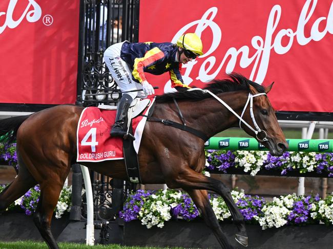 MELBOURNE, AUSTRALIA - NOVEMBER 02: Jamie Kah riding Goldrush Guru winning Race 7, the Penfolds Victoria Derby - Betting Odds during 2024 Penfolds Victoria Derby Day at Flemington Racecourse on November 02, 2024 in Melbourne, Australia. (Photo by Vince Caligiuri/Getty Images)