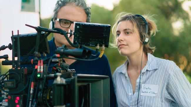 With cinematographer Sam Levy on the set of Lady Bird. Gerwig had worked with Levy on three previous films. Picture: A24/Merie Wallace