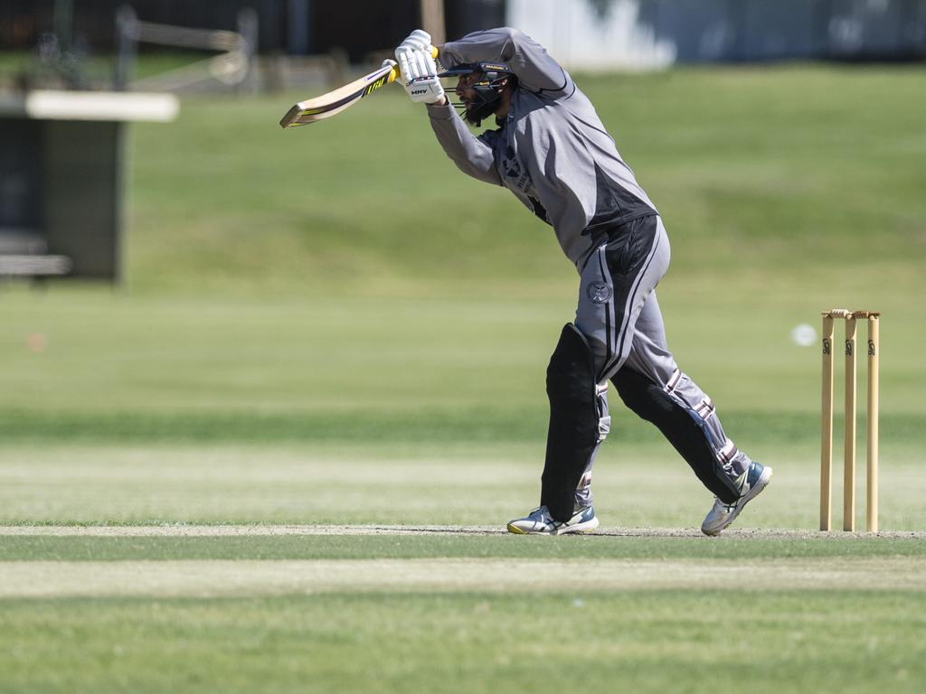 Ashvir Singh bats for Souths Magpies against Metropolitan-Easts in Toowoomba Cricket A Grade One Day grand final at Captain Cook Reserve, Sunday, December 10, 2023. Picture: Kevin Farmer