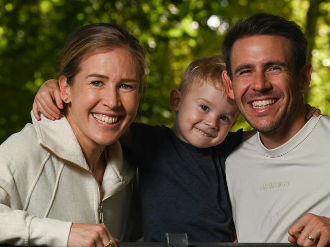 2/3/23 -  Jess Stenson (nee Trengove) with her husband Dylan and their son Billy, 3. Picture: Naomi Jellicoe