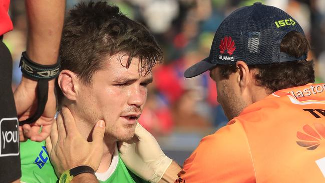 John Bateman checked for a facial injury. 