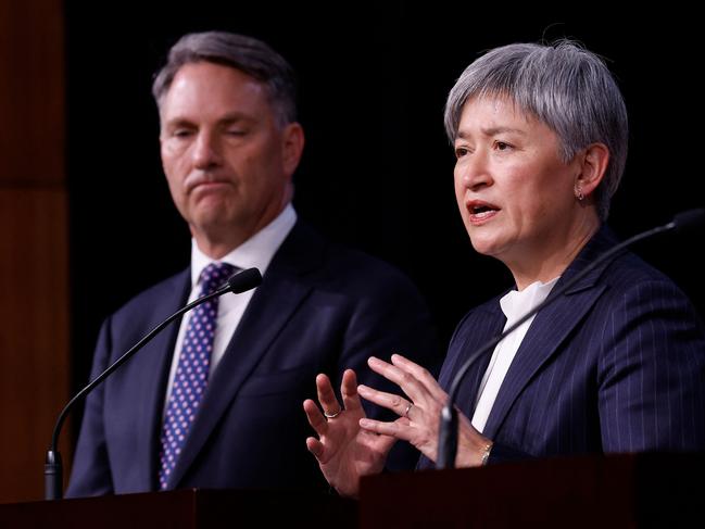 ANNAPOLIS, MARYLAND - AUGUST 06: Australian Deputy Prime Minister and Minister for Defense Richard Marles (L) and Australian Foreign Minister Penny Wong hold a joint news conference during the Australia-U.S. Ministerial Consultations (AUSMIN) at the U.S. Naval Academy on August 06, 2024 in Annapolis, Maryland. During the 34th AUSMIN, Wong and Marles were joined by U.S. Secretary of State Antony Blinken (L) and Secretary of Defense Lloyd Austin, who sought to show unity in the Indo-Pacific in the face of what they call China's destabilizing effects in the region.   Chip Somodevilla/Getty Images/AFP (Photo by CHIP SOMODEVILLA / GETTY IMAGES NORTH AMERICA / Getty Images via AFP)