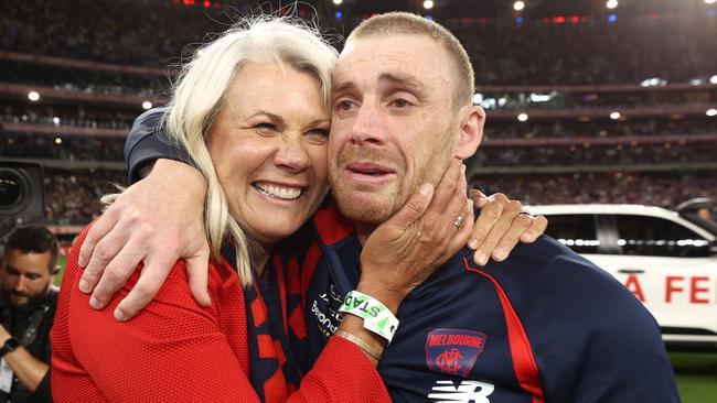 PERTH. 25/09/2021. AFL Grand Final.  Melbourne vs Western Bulldogs at Optus Stadium, Perth.  .   Simon Goodwin, senior coach of the Demons hugs president Kate Roffey after game  . Photo by Michael Klein