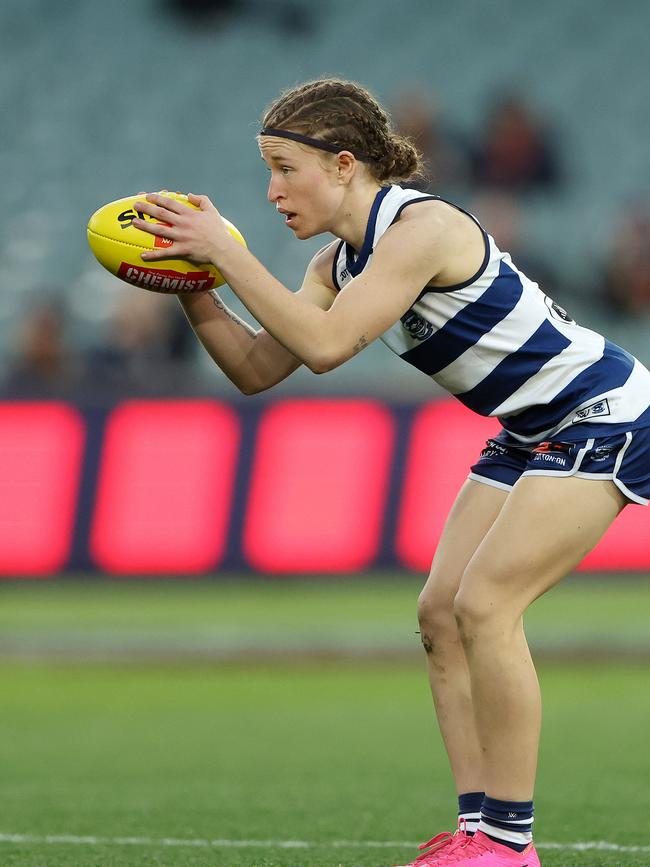 Bowen prepares for a shot on goal against the Crows. Picture: Sarah Reed/AFL Photos via Getty Images