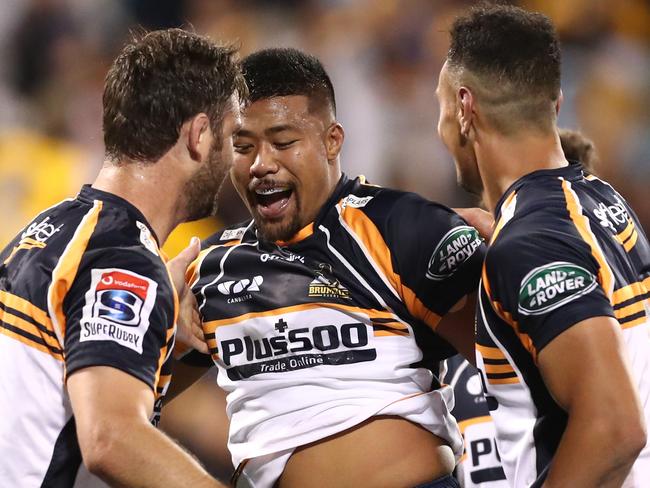 Brumbies hooker Folau Fainga'a celebrates scoring against the Waratahs. Picture: Getty Images