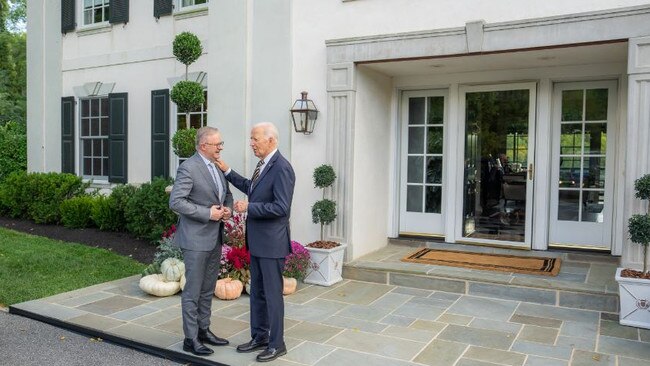 Joe Biden welcomes Anthony Albanese to his home in Delaware. Picture: Twitter