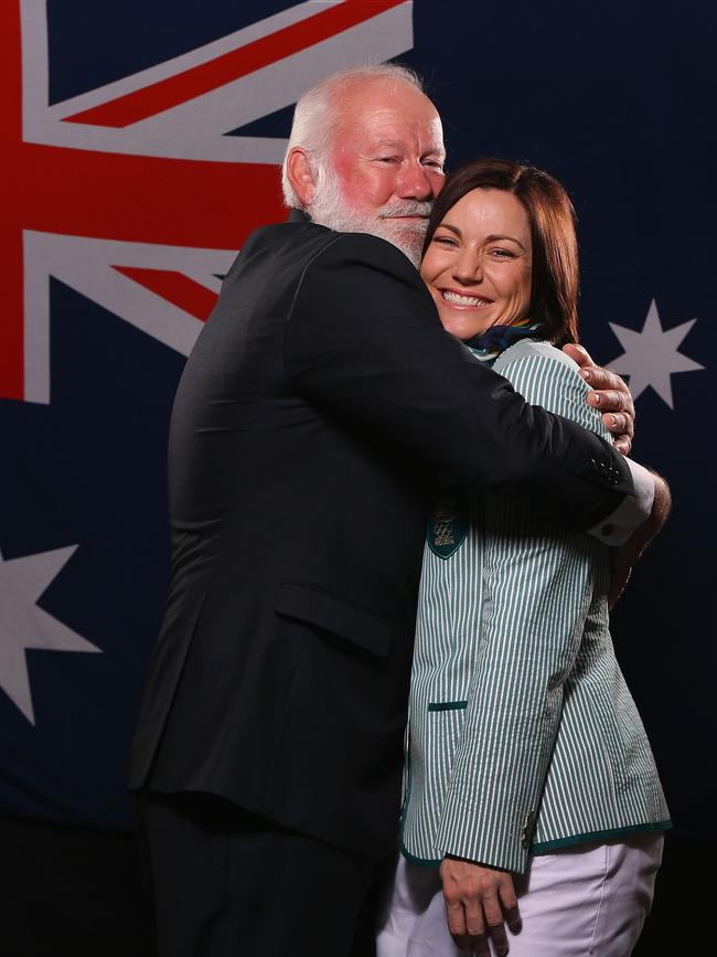 Australian athlete Anna Meares poses with her father Tony at the Stamford Plaza. Photo by Michael Dodge.