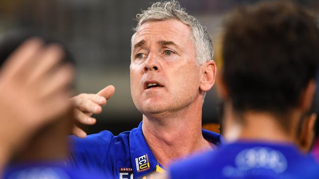 Adam Simpson addresses his players at three-quarter time. Picture: Getty Images