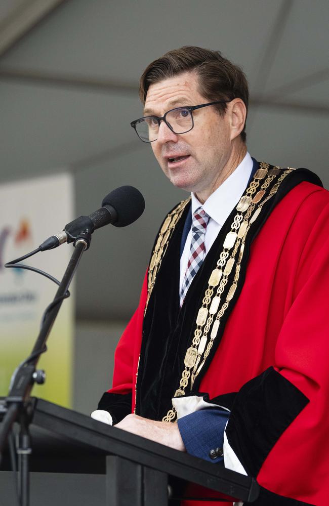 Toowoomba Mayor Geoff McDonald speaking at the Toowoomba Australia Day celebrations at Picnic Point, Sunday, January 26, 2025. Picture: Kevin Farmer