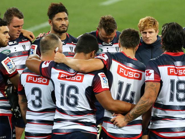 Super Rugby :  Melbourne Rebels V Auckland Blues at AAMI Park, 23rd February, Melbourne Australia.   Melbourne Rebels get together after the loss. Picture : George Salpigtidis