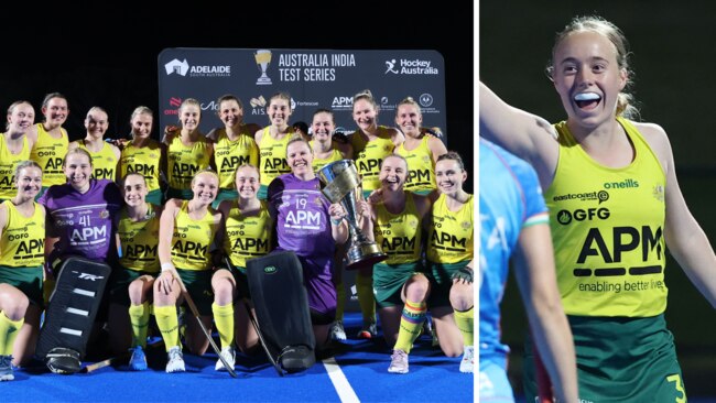 The Hockeyroos celebrate after Maddison Brooks ensured they remained unbeaten against India.