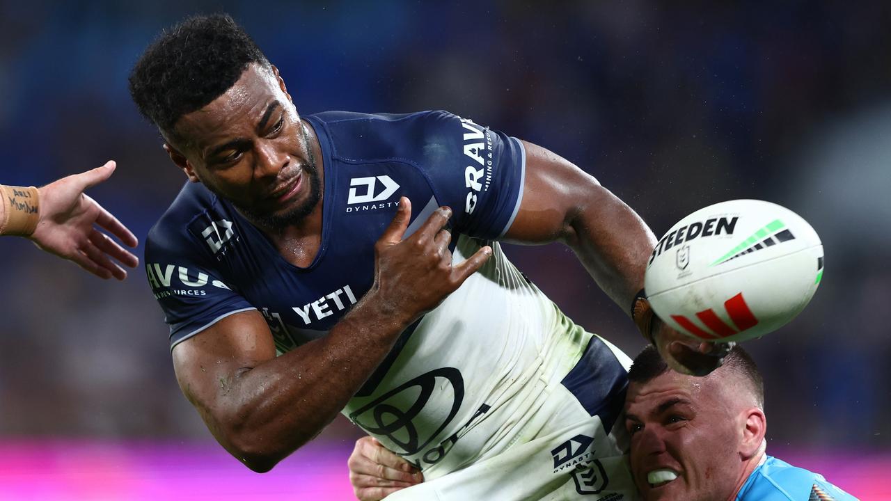 Semi Valemei of the Cowboys is tackled during the round 10 NRL match between Gold Coast Titans and North Queensland Cowboys at Cbus Super Stadium, on May 12, 2024, in Gold Coast, Australia. (Photo by Chris Hyde/Getty Images)