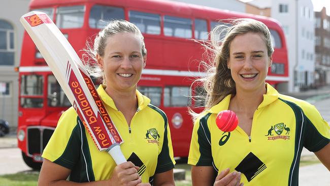 Australian cricket stars Meg Lanning and Ellyse Perry ready for the Southern Stars Ashes tour against England, at Bondi beach Sydney. Picture: Brett Costello