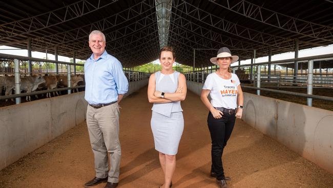 Opposition Leader Lia Finocchiaro and her team launch their Agriculture Policy for the 2020 election at the Berrimah Export Yards. She is joined by the Deputy Prime Minister Michael McCormack and candidate for Fannie Bay Tracey Hayes. Picture: Che Chorley