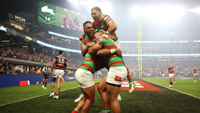 NRL matches such as the Rabbitohs versus Sea Eagles in Las Vegas has added lustre to the code’s TV sports rights proposition Picture: Getty Images