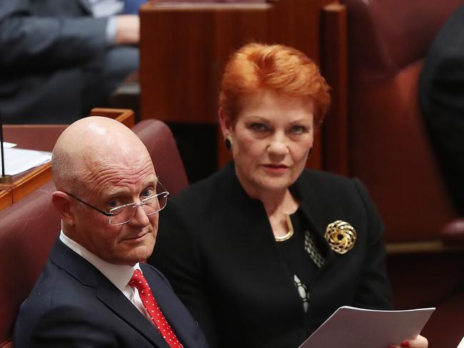 Senator David Leyonhjelm and Senator Pauline Hanson during a vote on the censure motion in the Senate Chamber at Parliament House in Canberra. Picture Kym Smith