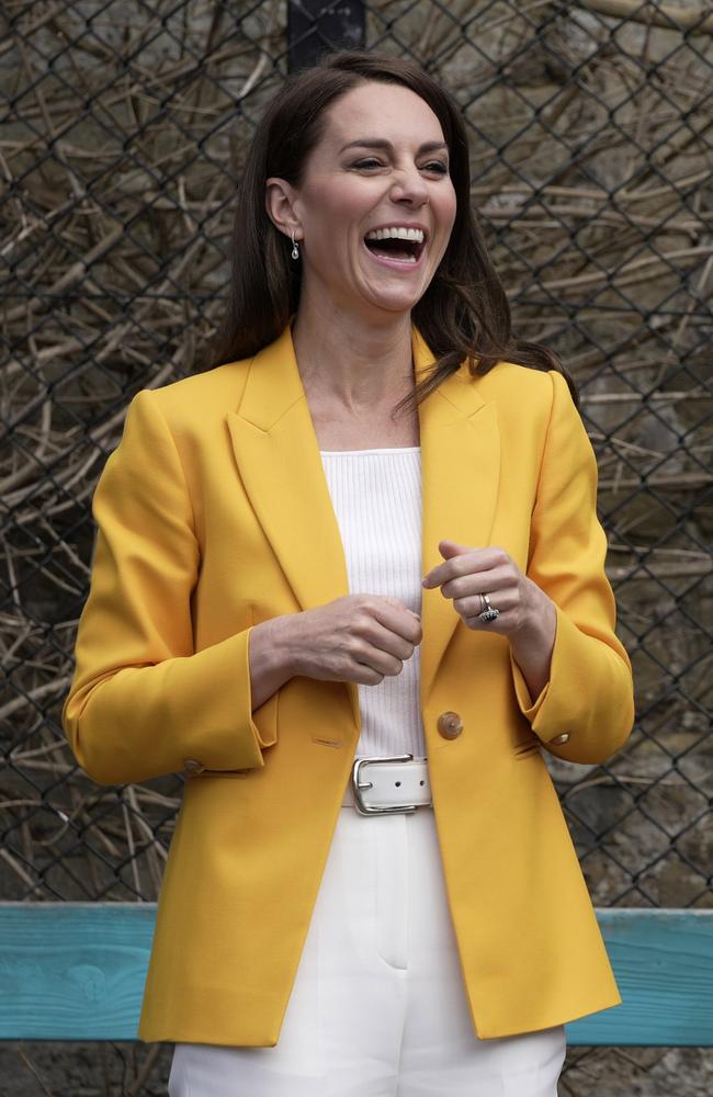 May 16: Middleton teamed a bright yellow blazer with a white blouse as she visits the Dame Kelly Homes Trust in Bath, England. Picture: Kin Cheung - WPA Pool/Getty Images