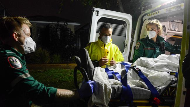 Mr Malinauskas with paramedics Luke Nottage and Jess Bastian as he spends a night shift with paramedics in an ambulance. Picture: Brenton Edwards