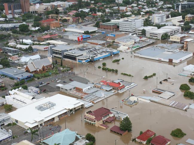 Flooding in Ipswich on Wednesday. Ipswich CBD looking West. Coles in centre, Ipswich Hospital top left of frame.Photo: Rob Williams