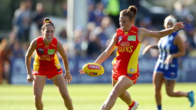 Jamie Stanton of the Suns kicks the ball during the round four AFLW match between the North Melbourne Kangaroos and the Gold Coast Suns at Arden Street Oval on February 29, 2020 in Melbourne, Australia. (Photo by Kelly Defina/AFL Photos/ via Getty Images)