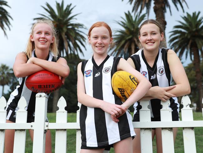 18/2/20: Lily Race, Frankie Walsh and Emma Walsh who are members of the Glebe Greyhound Auskick club at Jubilee Oval, Glebe in Sydney's inner west. John Feder/The Australian.