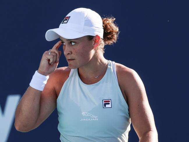 MIAMI GARDENS, FLORIDA - MARCH 25: Ashleigh Barty of the United States celebrates during her women's singles second round match win against Kristina Kucova of Slovakia on Day 4 of the 2021 Miami Open presented by ItaÃÂº at Hard Rock Stadium on March 25, 2021 in Miami Gardens, Florida. (Photo by Mark Brown/Getty Images)