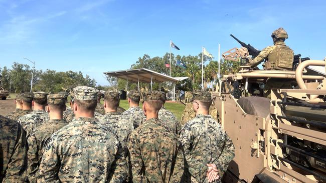 Brigadier Doug Pashley addressing Australian, US, UK and Filipino troops before Exercise Predators Run, 2024. Picture: Harry Brill.