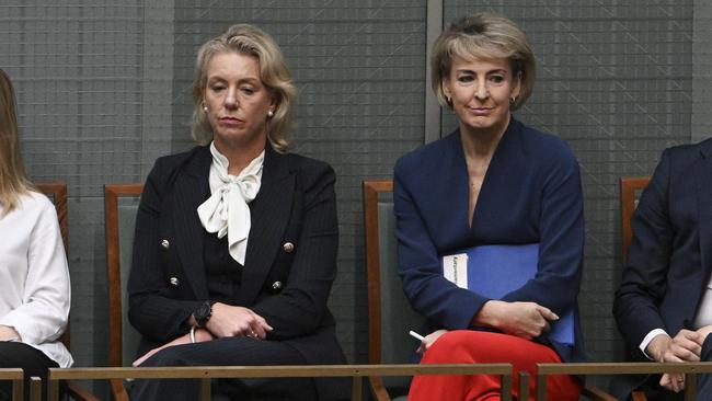 \ McKenzie and Cash during Scott Morrison's valedictory speech to Parliament in the House of representatives at Parliament House in Canberra. Picture: NCA NewsWire / Martin Ollman