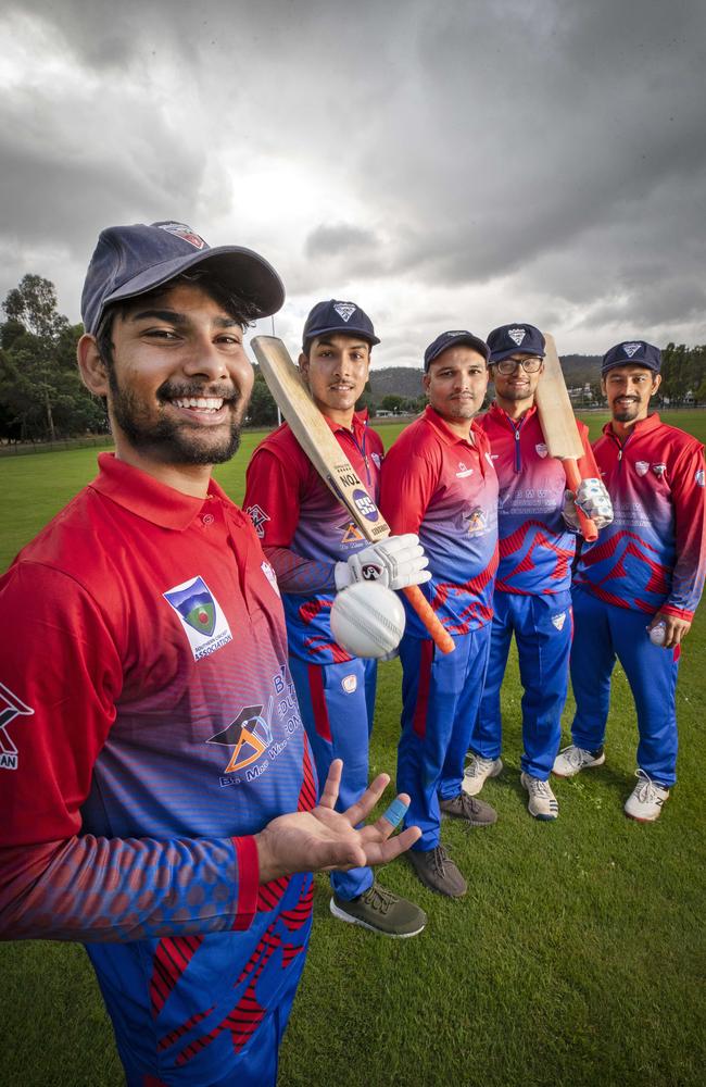 The Gurka Legends Cricket Club members Aashish Sapkota, Sandip Adhikari, Prakash Upreti, Khem Raj Poudel and Lalit Lamsal (Anzit) at Risdon Vale. Picture: Chris Kidd