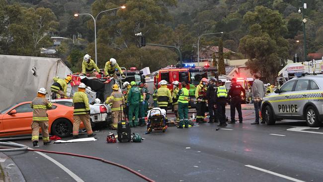 The major crash on July 24 at the bottom of the freeway, in which a truck ploughed into seven cars and a bus. Picture: Keryn Stevens